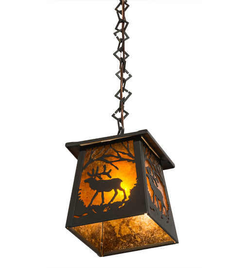 Meyda Lighting Elk at Dawn 10" Wrought Iron Mini Pendant Light With Amber Mica Shade Glass