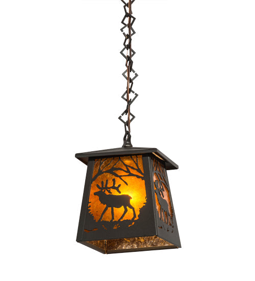Meyda Lighting Elk at Dawn 10" Wrought Iron Mini Pendant Light With Amber Mica Shade Glass