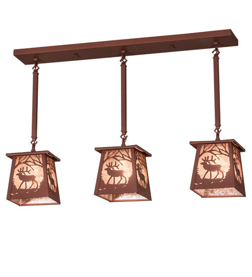 Meyda Lighting Elk at Dawn 217251 37" 3-Light Rust Island Pendant Light With Silver Mica Shade Glass