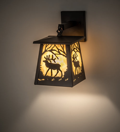 Meyda Lighting Elk at Dawn 7" Oil Rubbed Bronze Hanging Wall Sconce With Beige Art Shade Glass