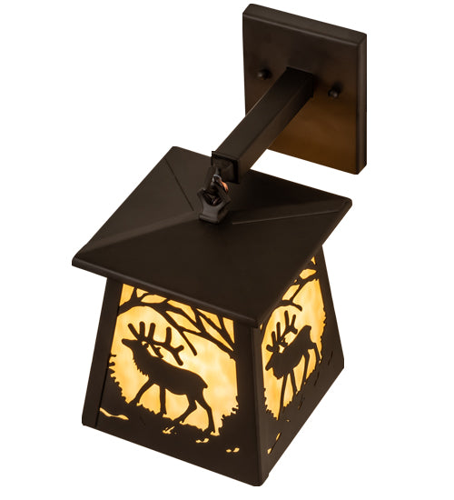 Meyda Lighting Elk at Dawn 7" Oil Rubbed Bronze Hanging Wall Sconce With Beige Art Shade Glass