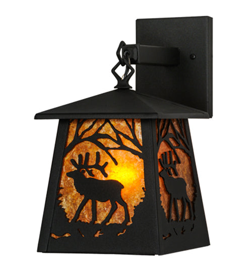 Meyda Lighting Elk at Dawn 7" Textured Black Hanging Wall Sconce With Amber Mica Shade Glass