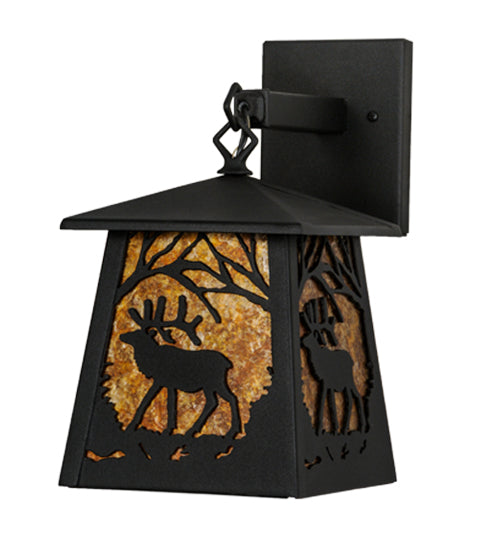 Meyda Lighting Elk at Dawn 7" Textured Black Hanging Wall Sconce With Amber Mica Shade Glass