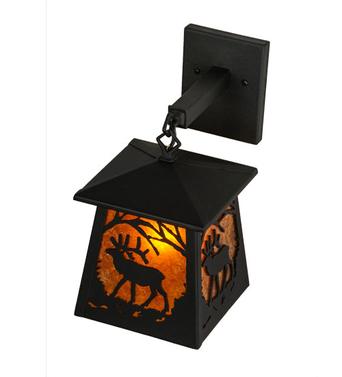 Meyda Lighting Elk at Dawn 7" Textured Black Hanging Wall Sconce With Amber Mica Shade Glass