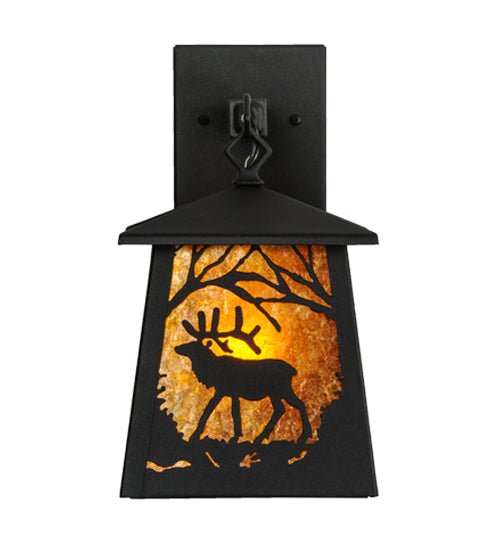 Meyda Lighting Elk at Dawn 7" Textured Black Hanging Wall Sconce With Amber Mica Shade Glass