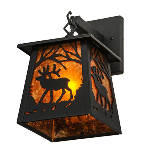 Meyda Lighting Elk at Dawn 7" Textured Black Hanging Wall Sconce With Amber Mica Shade Glass