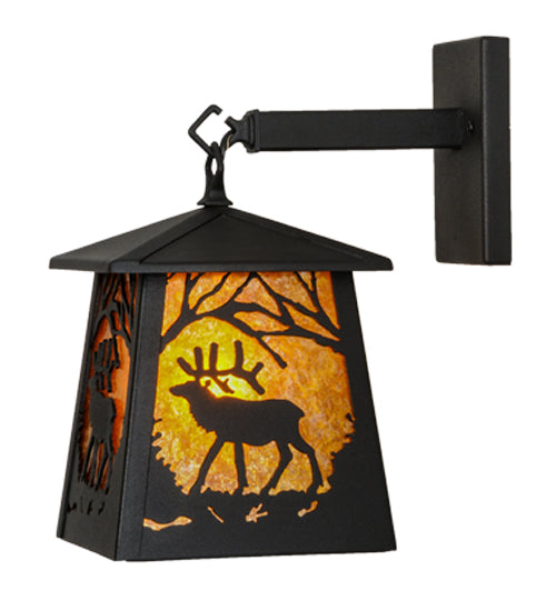 Meyda Lighting Elk at Dawn 7" Textured Black Hanging Wall Sconce With Amber Mica Shade Glass