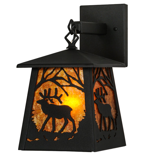 Meyda Lighting Elk at Dawn 7" Textured Black Hanging Wall Sconce With Amber Mica Shade Glass