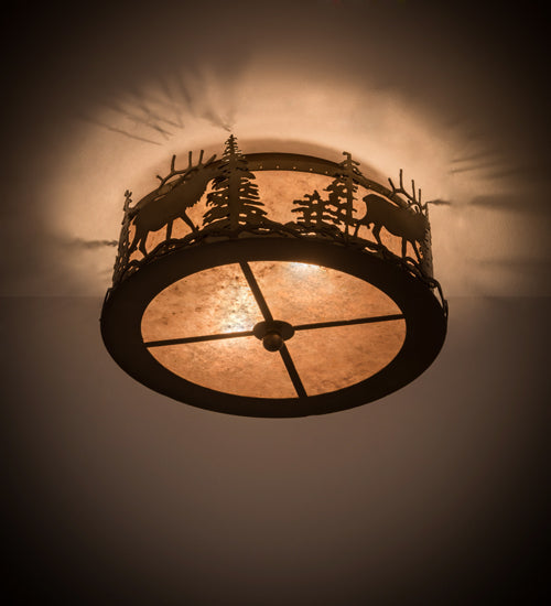 Meyda Lighting Elk at Dusk 16" 2-Light Antique Copper Flush Mount Light With Silver Mica Shade Glass