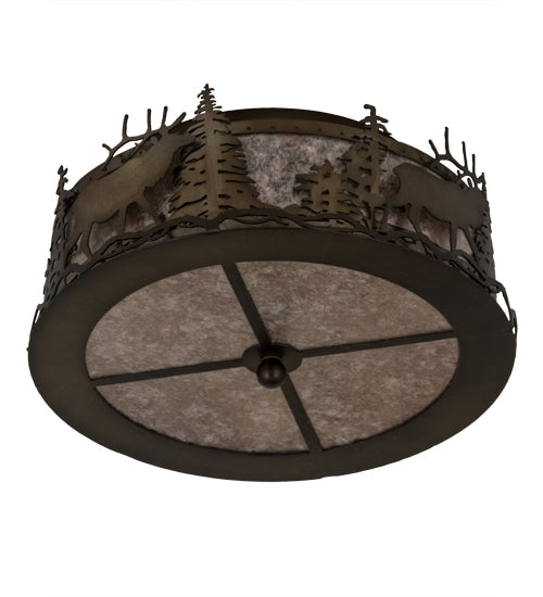 Meyda Lighting Elk at Dusk 16" 2-Light Antique Copper Flush Mount Light With Silver Mica Shade Glass