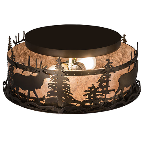 Meyda Lighting Elk at Dusk 16" 2-Light Antique Copper Flush Mount Light With Silver Mica Shade Glass