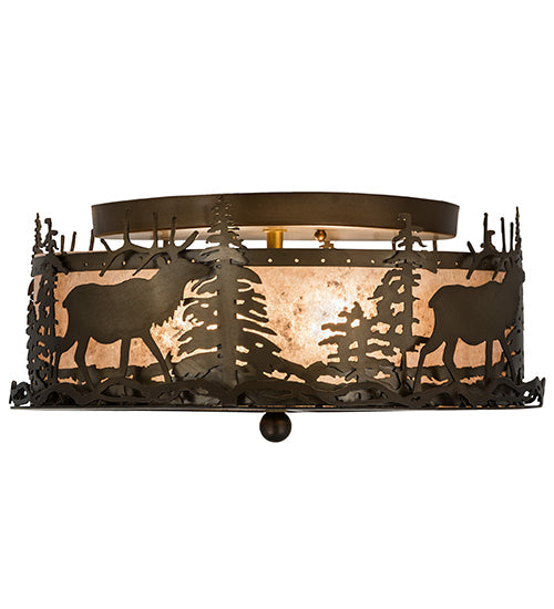 Meyda Lighting Elk at Dusk 16" 2-Light Antique Copper Flush Mount Light With Silver Mica Shade Glass