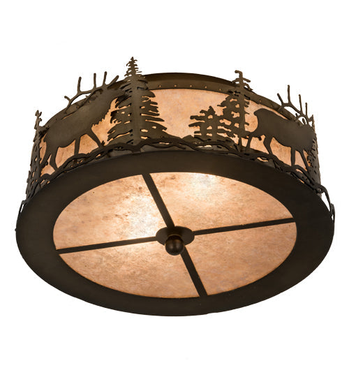 Meyda Lighting Elk at Dusk 16" 2-Light Antique Copper Flush Mount Light With Silver Mica Shade Glass