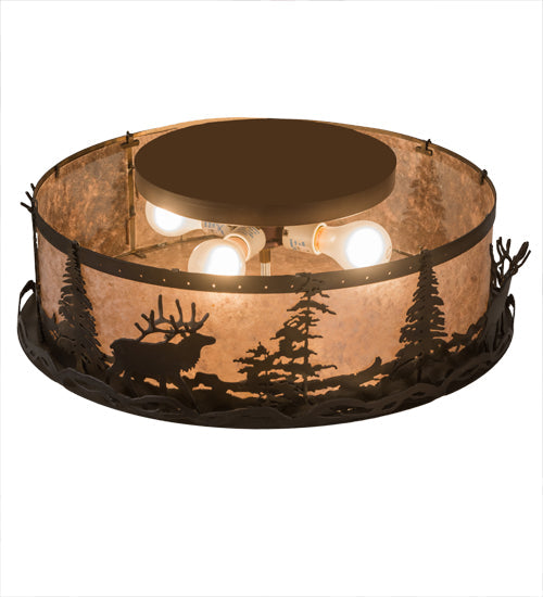 Meyda Lighting Elk at Dusk 22" 4-Light Antique Copper Flush Mount Light With Silver Mica Shade Glass