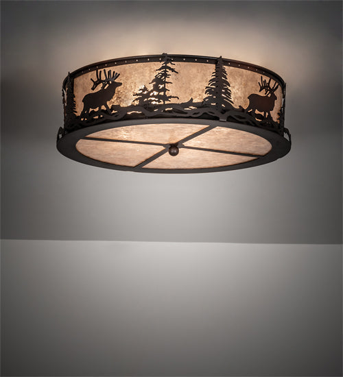 Meyda Lighting Elk at Dusk 22" 4-Light Wrought Iron On Rust Flush Mount Light With Silver Mica Shade Glass