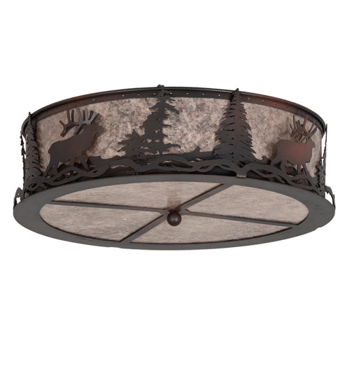 Meyda Lighting Elk at Dusk 22" 4-Light Wrought Iron On Rust Flush Mount Light With Silver Mica Shade Glass