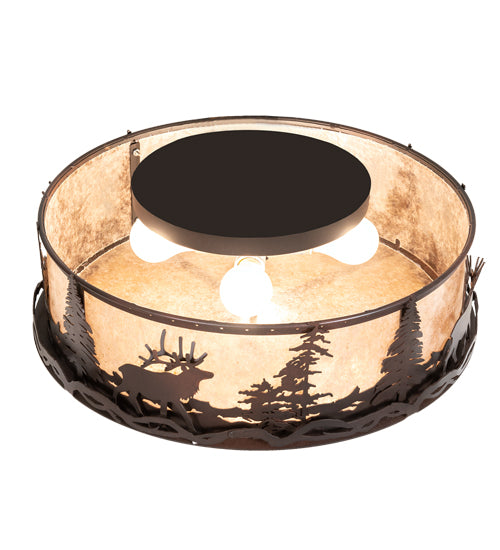 Meyda Lighting Elk at Dusk 22" 4-Light Wrought Iron On Rust Flush Mount Light With Silver Mica Shade Glass