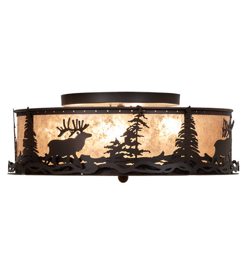 Meyda Lighting Elk at Dusk 22" 4-Light Wrought Iron On Rust Flush Mount Light With Silver Mica Shade Glass