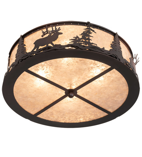 Meyda Lighting Elk at Dusk 22" 4-Light Wrought Iron On Rust Flush Mount Light With Silver Mica Shade Glass