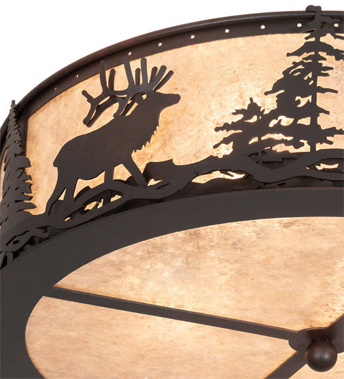 Meyda Lighting Elk at Dusk 22" 4-Light Wrought Iron On Rust Flush Mount Light With Silver Mica Shade Glass