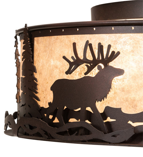 Meyda Lighting Elk at Dusk 22" 4-Light Wrought Iron On Rust Flush Mount Light With Silver Mica Shade Glass