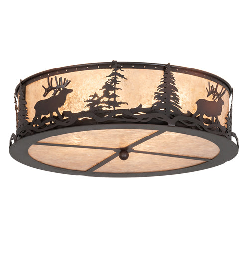 Meyda Lighting Elk at Dusk 22" 4-Light Wrought Iron On Rust Flush Mount Light With Silver Mica Shade Glass