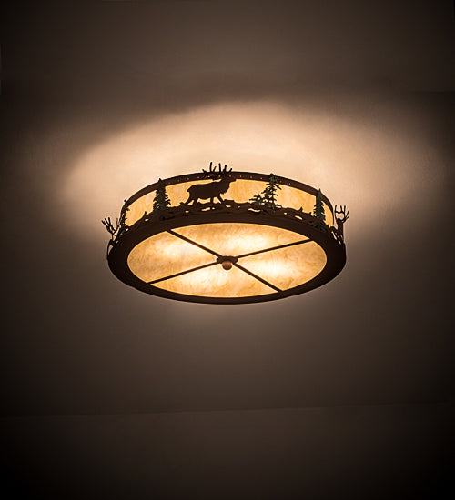 Meyda Lighting Elk at Dusk 22" 6-Light Rust & Green Trees Flush Mount Light With Botticino Idalight Shade