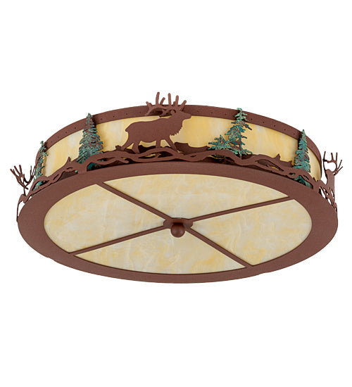 Meyda Lighting Elk at Dusk 22" 6-Light Rust & Green Trees Flush Mount Light With Botticino Idalight Shade