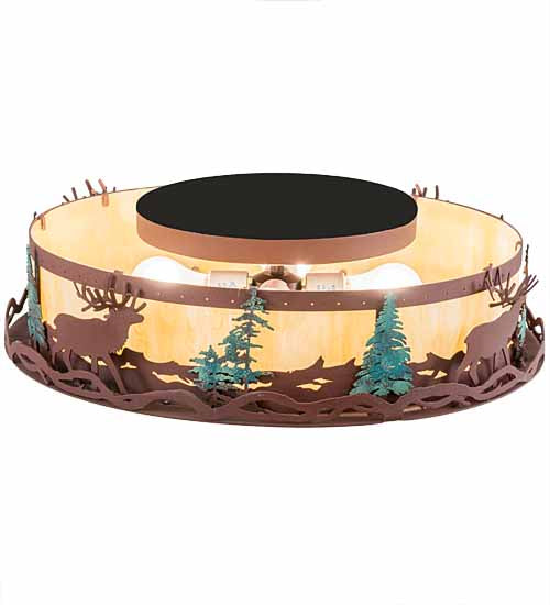 Meyda Lighting Elk at Dusk 22" 6-Light Rust & Green Trees Flush Mount Light With Botticino Idalight Shade