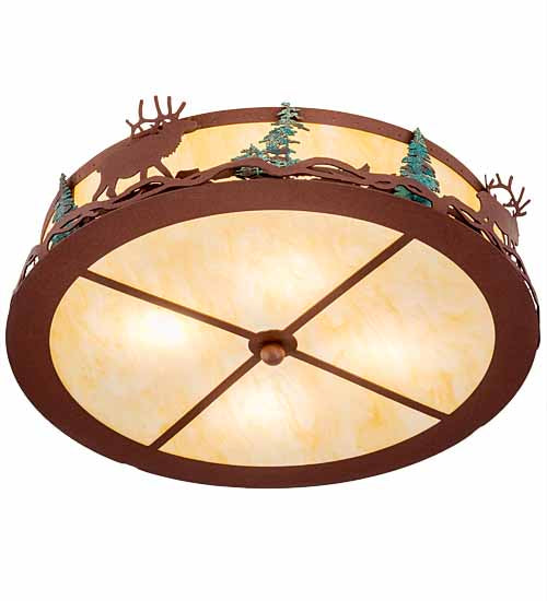 Meyda Lighting Elk at Dusk 22" 6-Light Rust & Green Trees Flush Mount Light With Botticino Idalight Shade