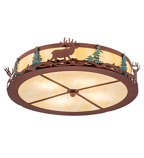 Meyda Lighting Elk at Dusk 22" 6-Light Rust & Green Trees Flush Mount Light With Botticino Idalight Shade
