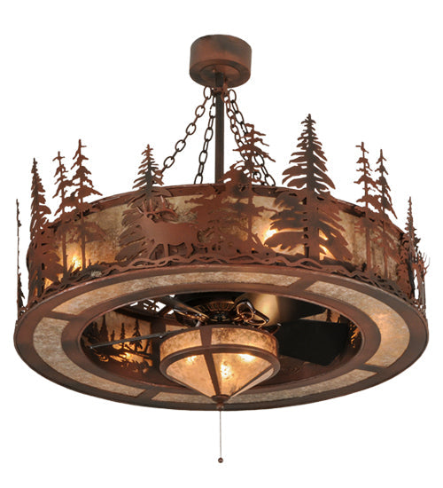 Meyda Lighting Elk at Dusk 44" 11-Light Rust & Wrought Iron Chandelier With Silver Mica Shade Glass and 29" Oil Rubbed Bronze Fan