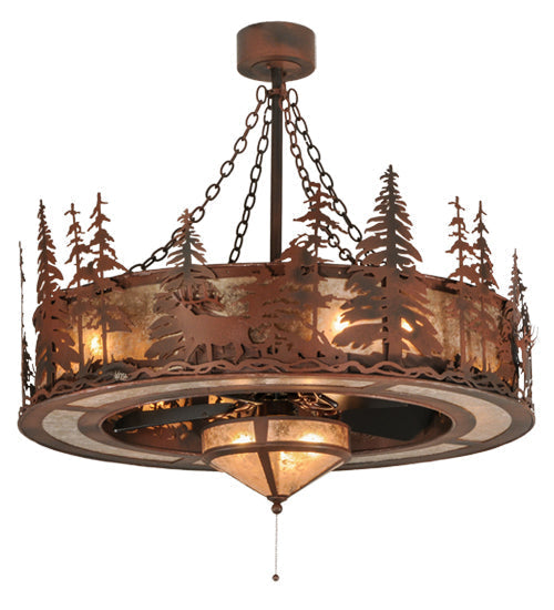 Meyda Lighting Elk at Dusk 44" 11-Light Rust & Wrought Iron Chandelier With Silver Mica Shade Glass and 29" Oil Rubbed Bronze Fan