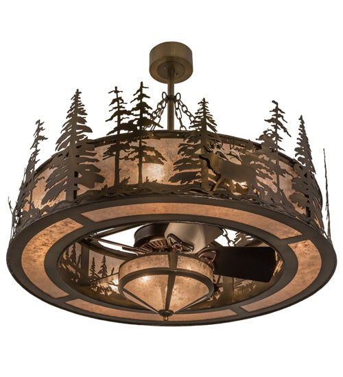 Meyda Lighting Elk at Dusk 44" 8-Light Antique Copper Chandelier With Silver Mica Shade Glass and Fan
