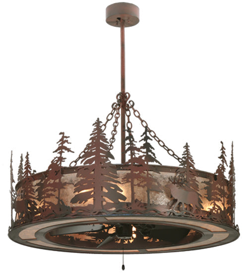 Meyda Lighting Elk at Dusk 44" 8-Light Rust On Wrought Iron Chandelier With Silver Mica Shade Glass and Fan