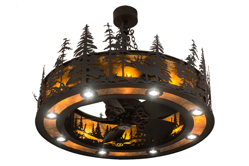 Meyda Lighting Elk at Dusk 46" 16-Light Oil Rubbed Bronze Chandelier With Amber Mica Shade Glass and Fan