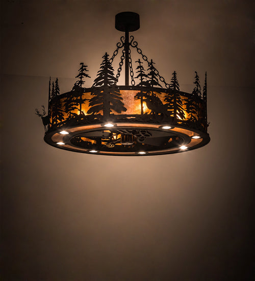 Meyda Lighting Elk at Dusk 47" 16-Light Coffee Bean Chandelier With Amber Mica Shade Glass and Fan