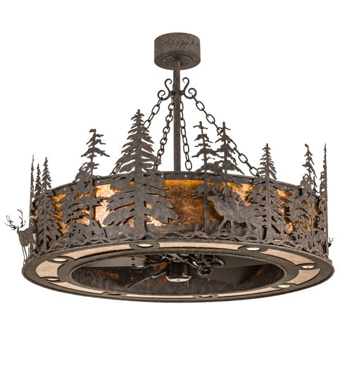 Meyda Lighting Elk at Dusk 47" 16-Light Coffee Bean Chandelier With Amber Mica Shade Glass and Fan