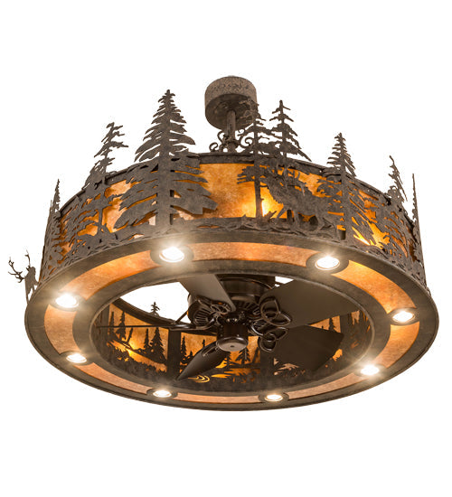 Meyda Lighting Elk at Dusk 47" 16-Light Coffee Bean Chandelier With Amber Mica Shade Glass and Fan