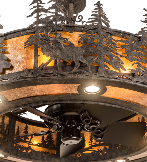 Meyda Lighting Elk at Dusk 47" 16-Light Coffee Bean Chandelier With Amber Mica Shade Glass and Fan