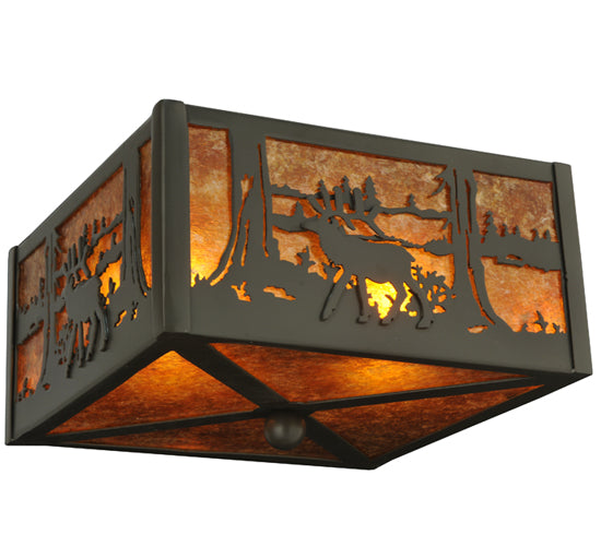 Meyda Lighting Elk at Lake 10"Sq 2-Light Timeless Bronze Flush Mount Light With Amber Mica Shade Glass