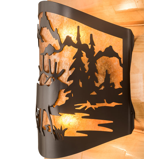 Meyda Lighting Elk at Lake 12" 2-Light Timeless Bronze Wall Sconce With Amber Mica Shade Glass