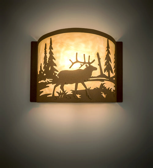 Meyda Lighting Elk at Lake 12" Antique Copper & Earth Wall Sconce With Beige Art Shade Glass