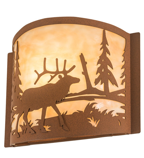 Meyda Lighting Elk at Lake 12" Antique Copper & Earth Wall Sconce With Beige Art Shade Glass