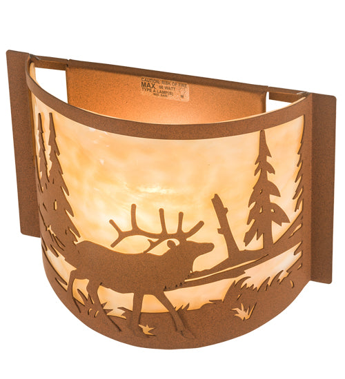 Meyda Lighting Elk at Lake 12" Antique Copper & Earth Wall Sconce With Beige Art Shade Glass