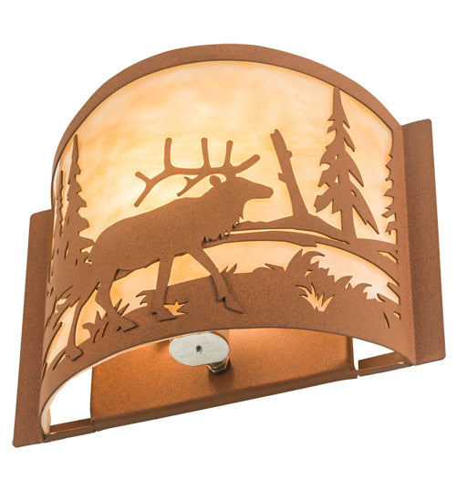 Meyda Lighting Elk at Lake 12" Antique Copper & Earth Wall Sconce With Beige Art Shade Glass