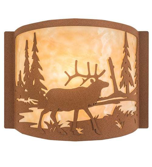 Meyda Lighting Elk at Lake 12" Antique Copper & Earth Wall Sconce With Beige Art Shade Glass