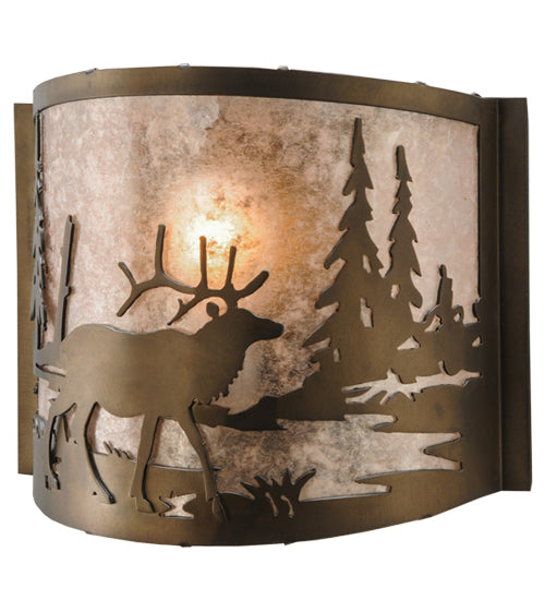Meyda Lighting Elk at Lake 12" Antique Copper Wall Sconce With Silver Mica Shade Glass