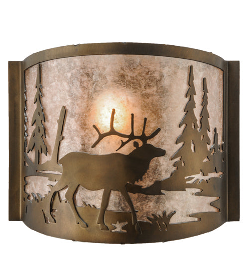 Meyda Lighting Elk at Lake 12" Antique Copper Wall Sconce With Silver Mica Shade Glass