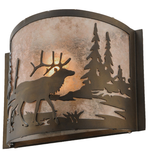 Meyda Lighting Elk at Lake 12" Antique Copper Wall Sconce With Silver Mica Shade Glass